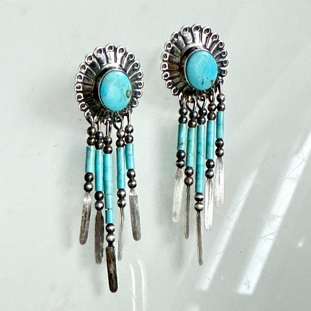 Vtg Signed Q.T Quoc Southwest Style Sterling925 &Turquoise Dangle Earrings 2.25” - Picture 2 of 7